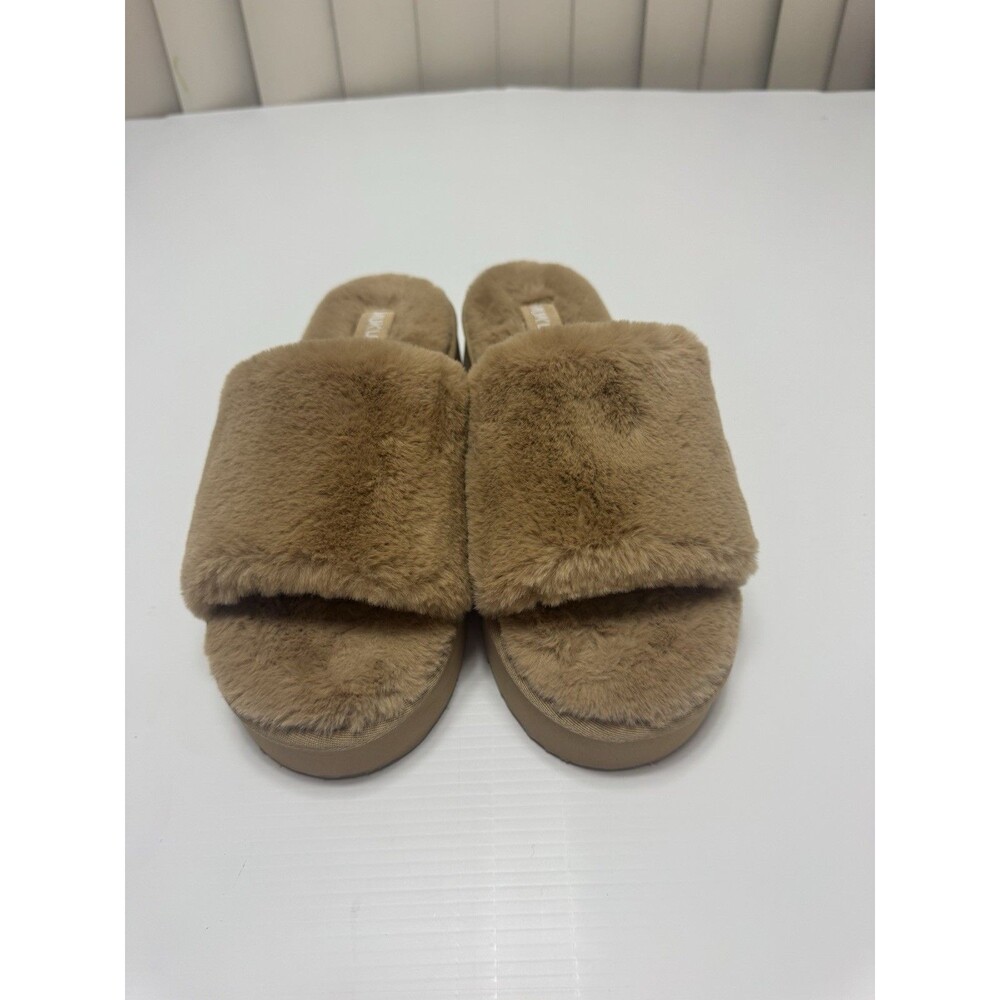 MUK LUKS Women’s Faux Fur Platform Slide Slippers Tan US 7-8 New No Box